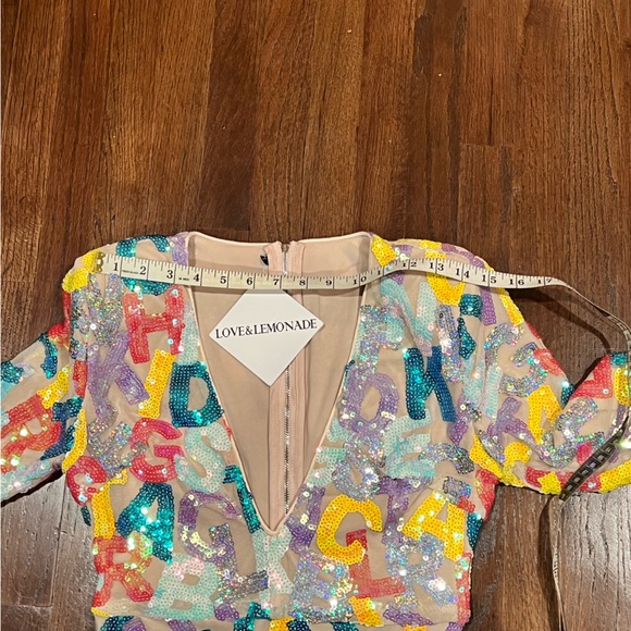 LOVE&LEMONADE Sequin Letter Mesh Overlay Dress - Picture 9 of 10